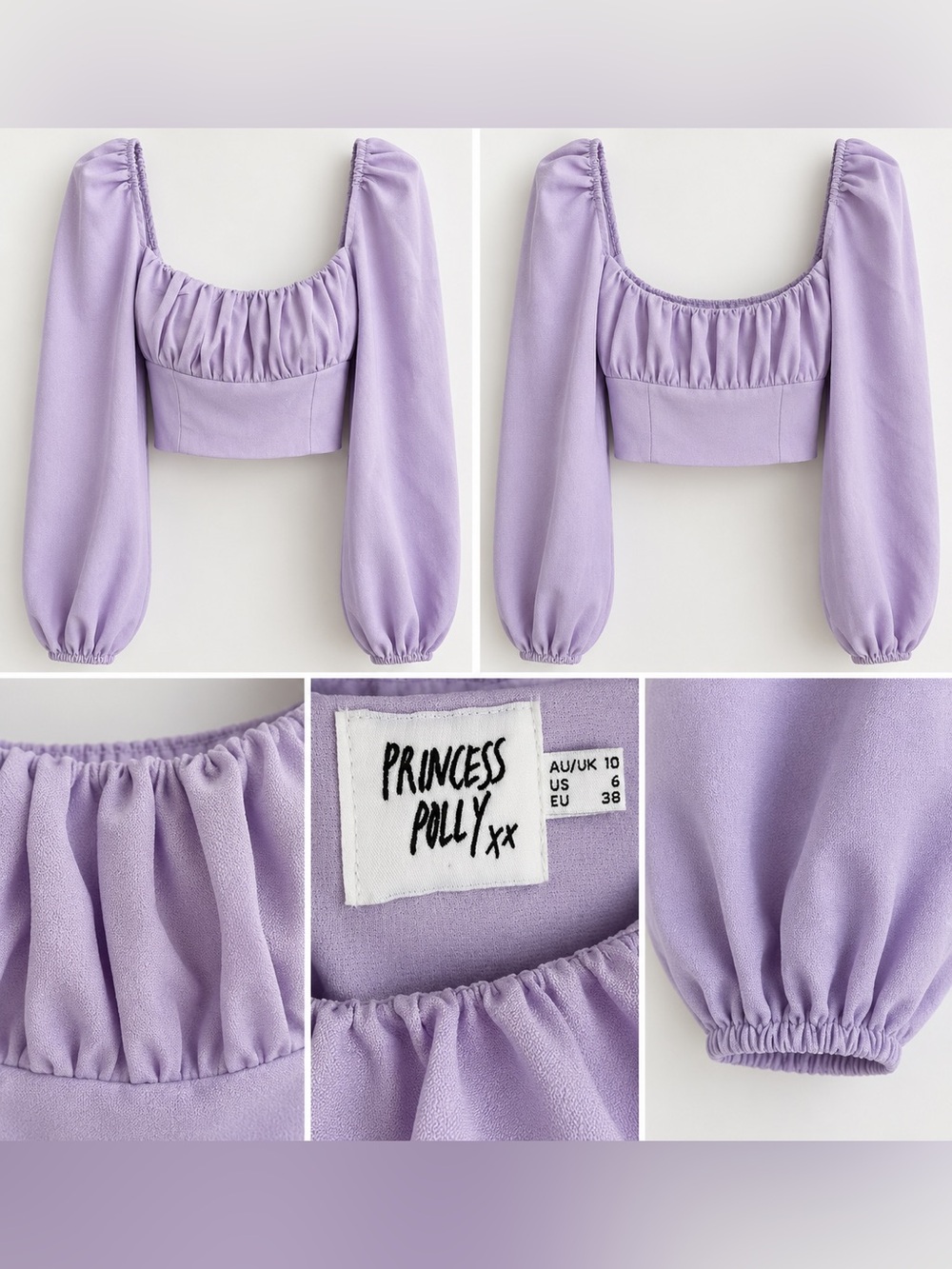 Princess Polly Lilac Ruched Puff Sleeve Crop Top Size US 6
